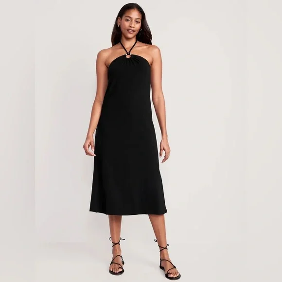 Old Navy Slub-Knit Halter Midi Shift Dress for Women Black Jack S